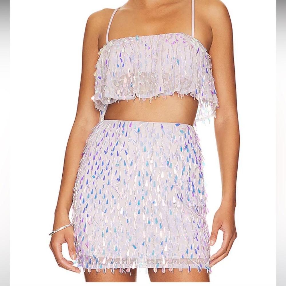 Taylor swift.  MALLORY EMBELLISHED CROP TOP AND MINI SKIRT IN SILVER